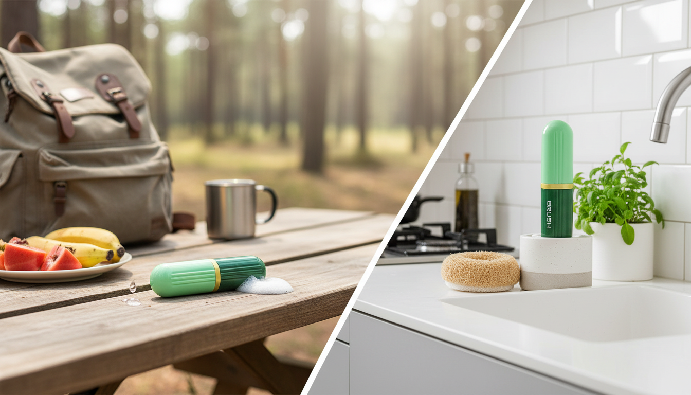 Eco-Friendly Soap-Dispensing Brush for Travel & Home